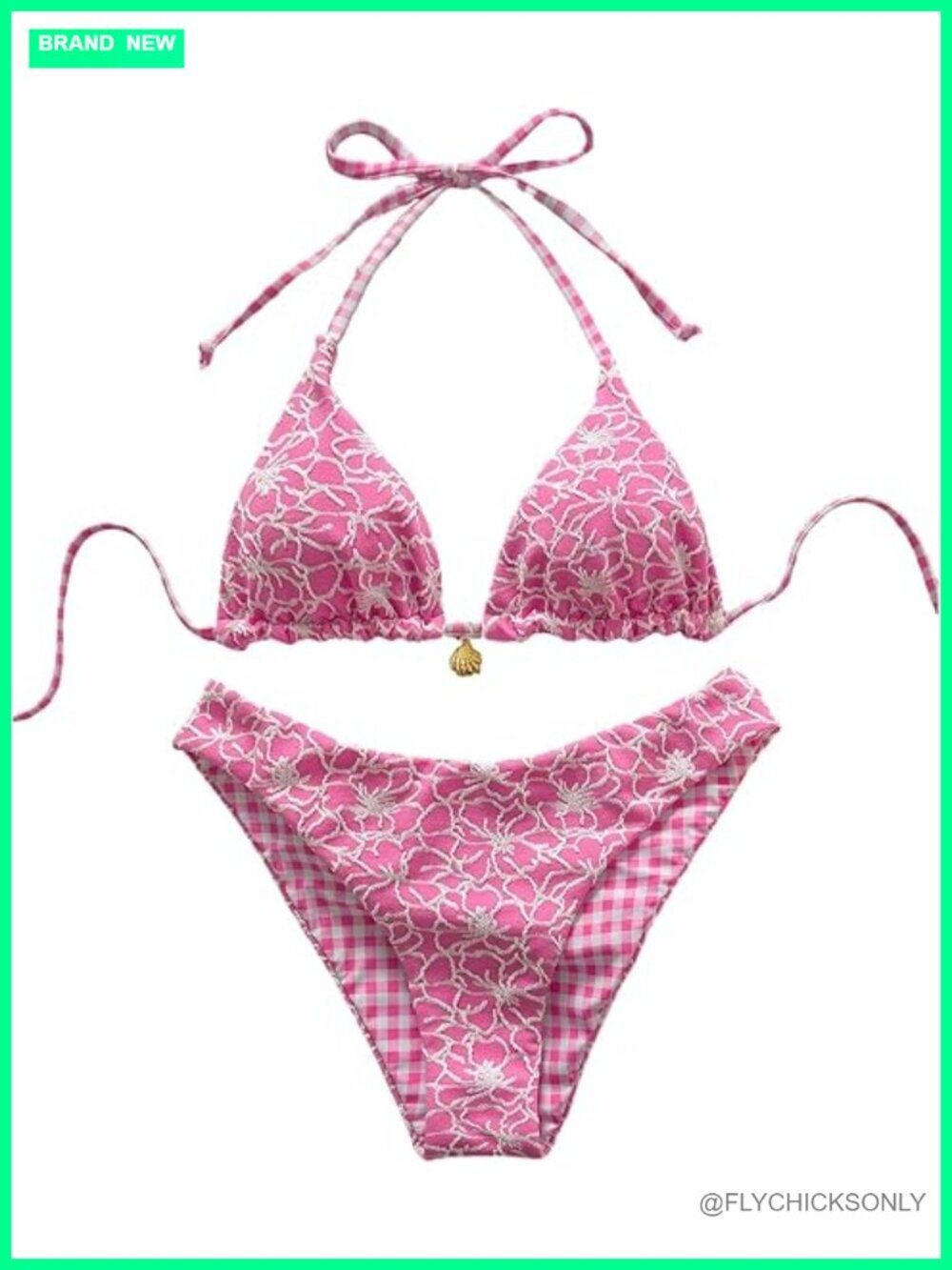 Women's Triangle Bikini Set Floral Gingham Halter 2 Piece Reversible Swimwear